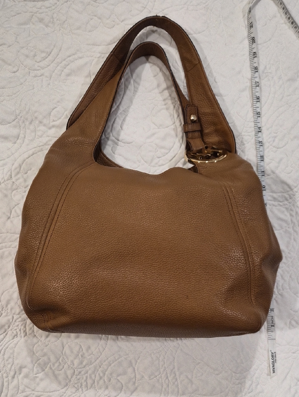 Michael Kors Tan Leather Hobo Bag with Gold MK Accent - Picture 9 of 13